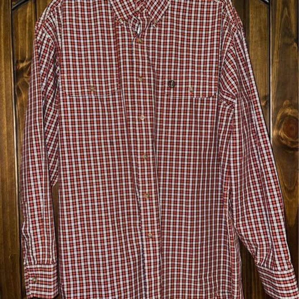 Large Mens George Strait Wrangler Button Down Shirt Long Sleeve Rust Orange Blue